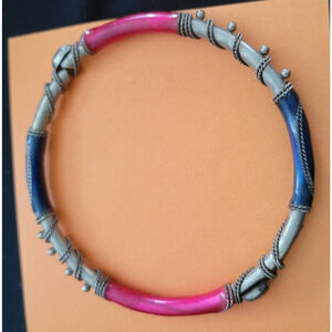 Bangle Bracelet in Silver Tone Rope Detail w/ Blue & Red Enamel Finish
